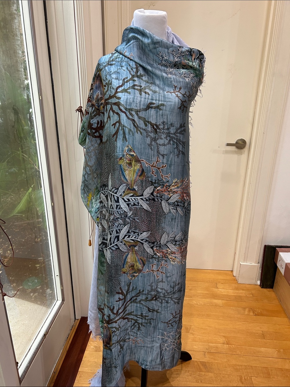 Blue Botanical & Fish Print Wrap Scarf